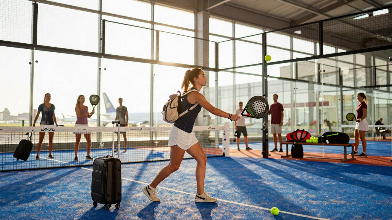 Frau mit Schläger spielt Padel auf Indoor-Platz, andere Spieler und Koffer im Hintergrund.