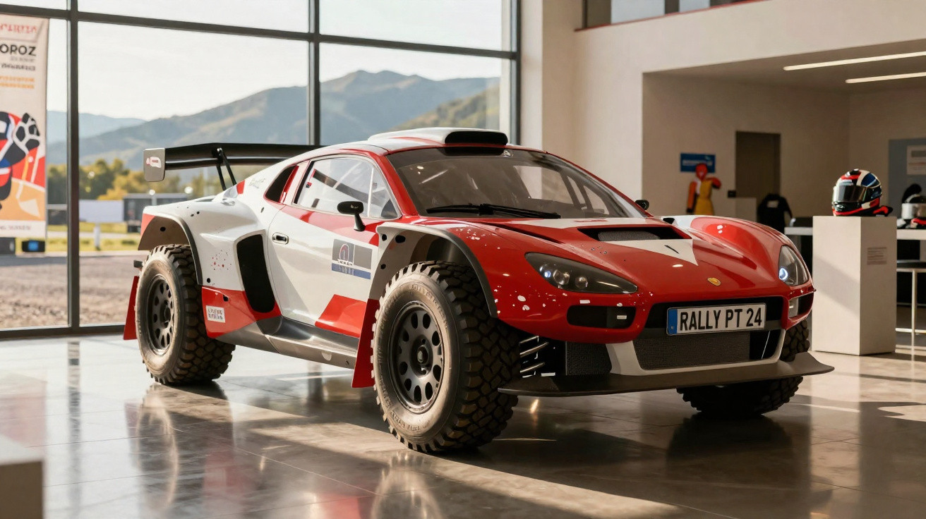 Rallye-Rennwagen in Rot, Weiß und Schwarz mit groben Reifen in einer modernen Ausstellungshalle.