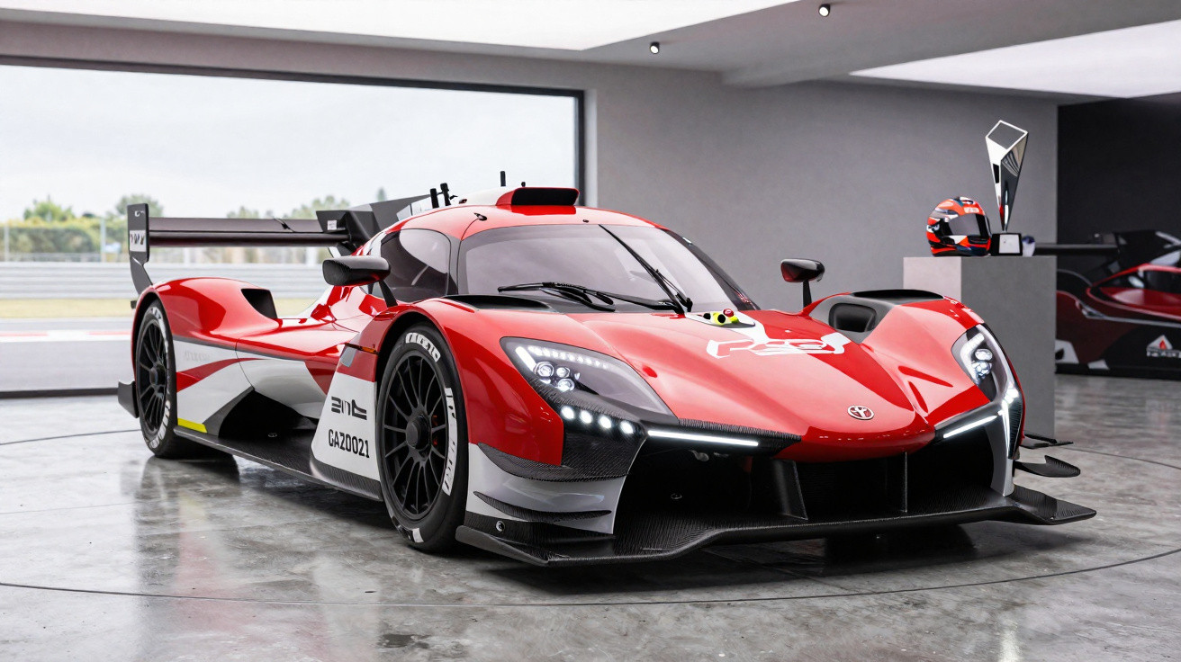 Roter Toyota Rennwagen mit aerodynamischem Design in moderner Ausstellungshalle auf glänzendem Betonboden.