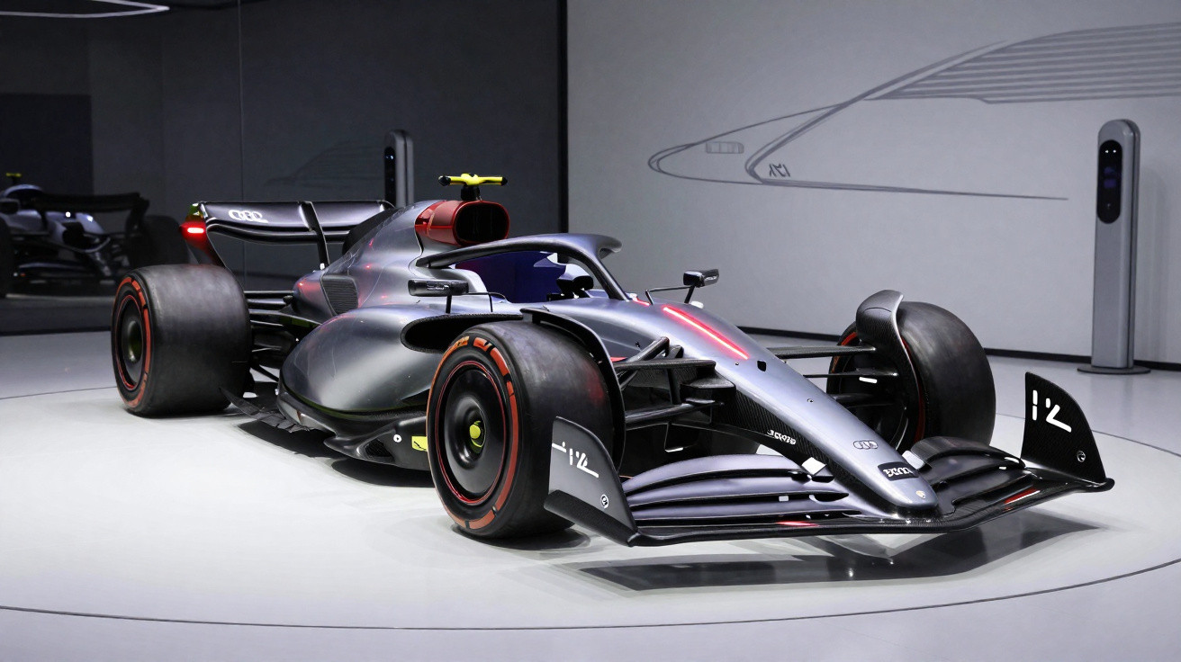 Moderner silberner Formel-1-Rennwagen mit schwarzem Spoiler auf weißem Ausstellungsboden in Galerie.