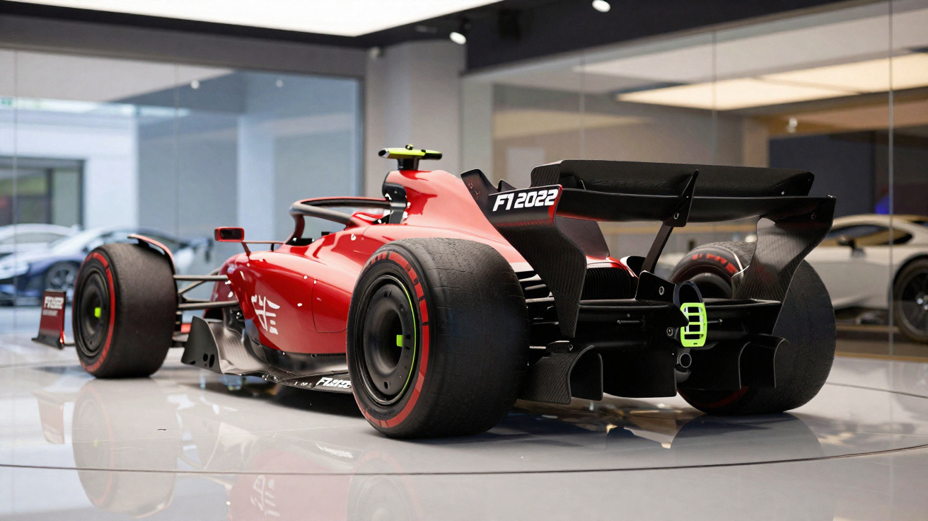 Roter Formel-1-Rennwagen F1 2022 auf Präsentationsfläche in modernem Ausstellungsraum.