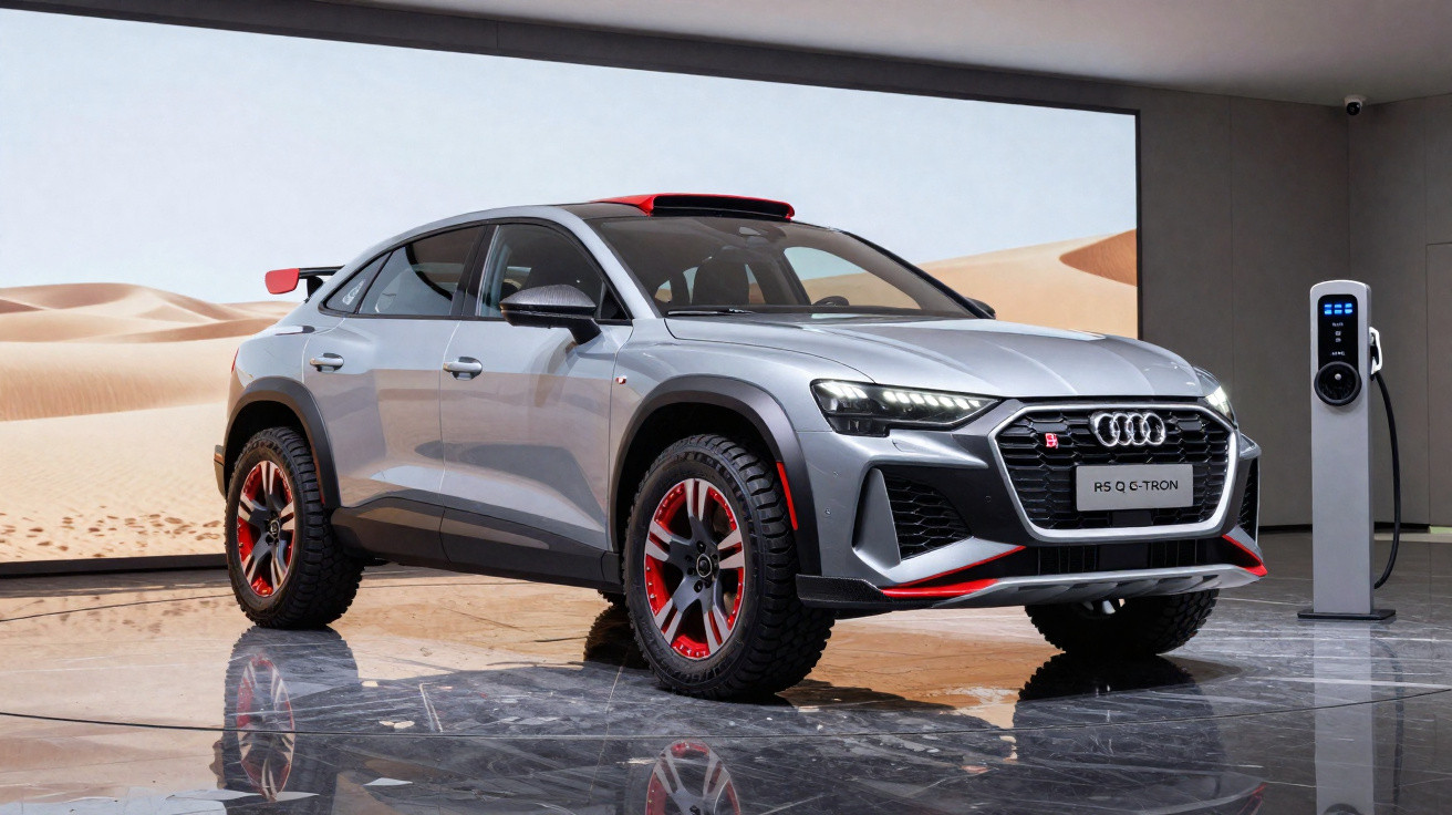 Silberner Audi RS Q e-tron Offroad-Elektroauto auf spiegelndem Boden neben Ladestation vor Wüstendekor.
