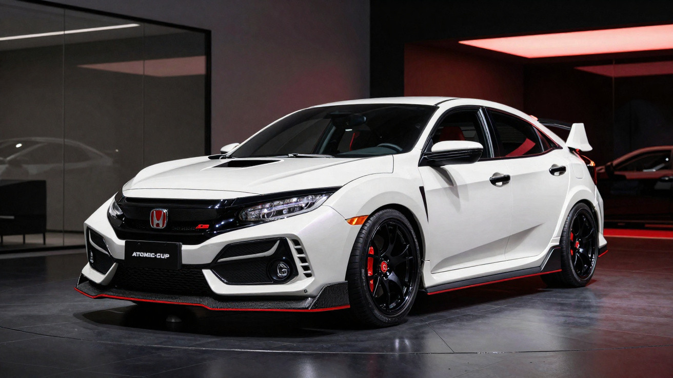 Weißer Honda Civic Type R mit schwarzem Akzent und roten Details in modernem Showroom.