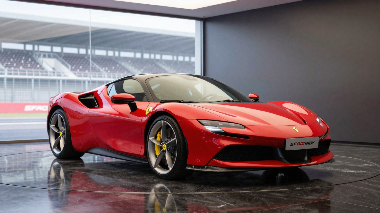 Roter Ferrari SF90 Stradale steht in einem modernen Showroom mit großem Fenster zur Rennstrecke.