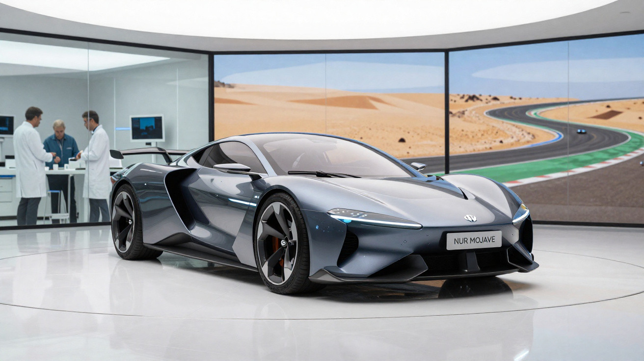 Elektrosportwagen im Showroom vor einer Wüsten- und Rennstreckenprojektion mit Forschern im Hintergrund