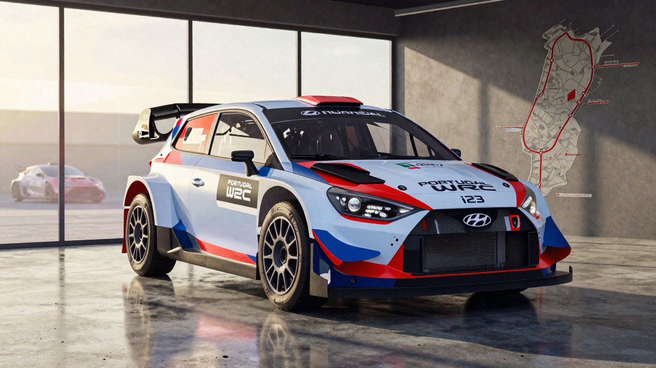 Weiß-blauer Hyundai WRC-Rallyewagen mit Renn-Streckenplan an Wand in moderner Garage