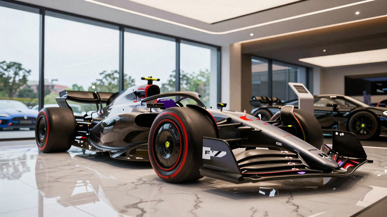 Formel-1-Rennwagen mit schwarzem Design in einem modernen Showroom mit Marmorfußboden.