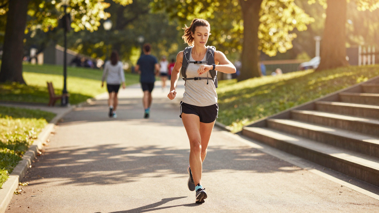 Frau joggt im Park bei Sonnenlicht und schaut auf ihre Sportuhr mit anderen Spaziergängern im Hintergrund.