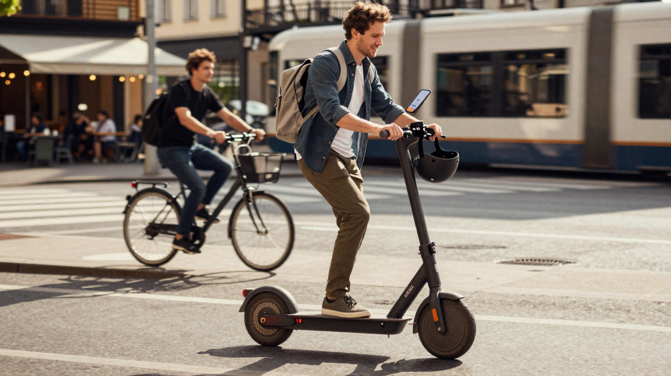 Mann fährt mit Elektroroller, während Fahrradfahrer und Straßenbahn im Stadtverkehr vorbeifahren.