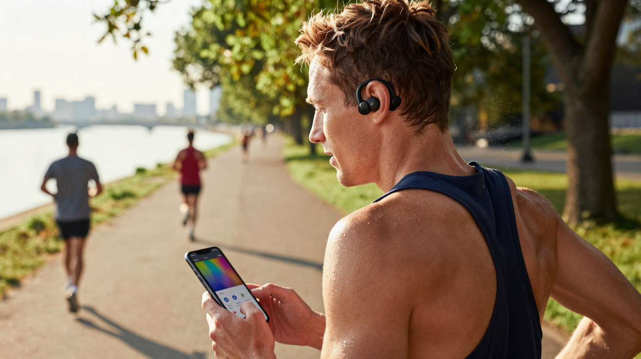 Sportlicher Mann mit kabellosen Ohrhörern checkt Smartphone beim Laufen am Flussufer an sonnigem Tag.