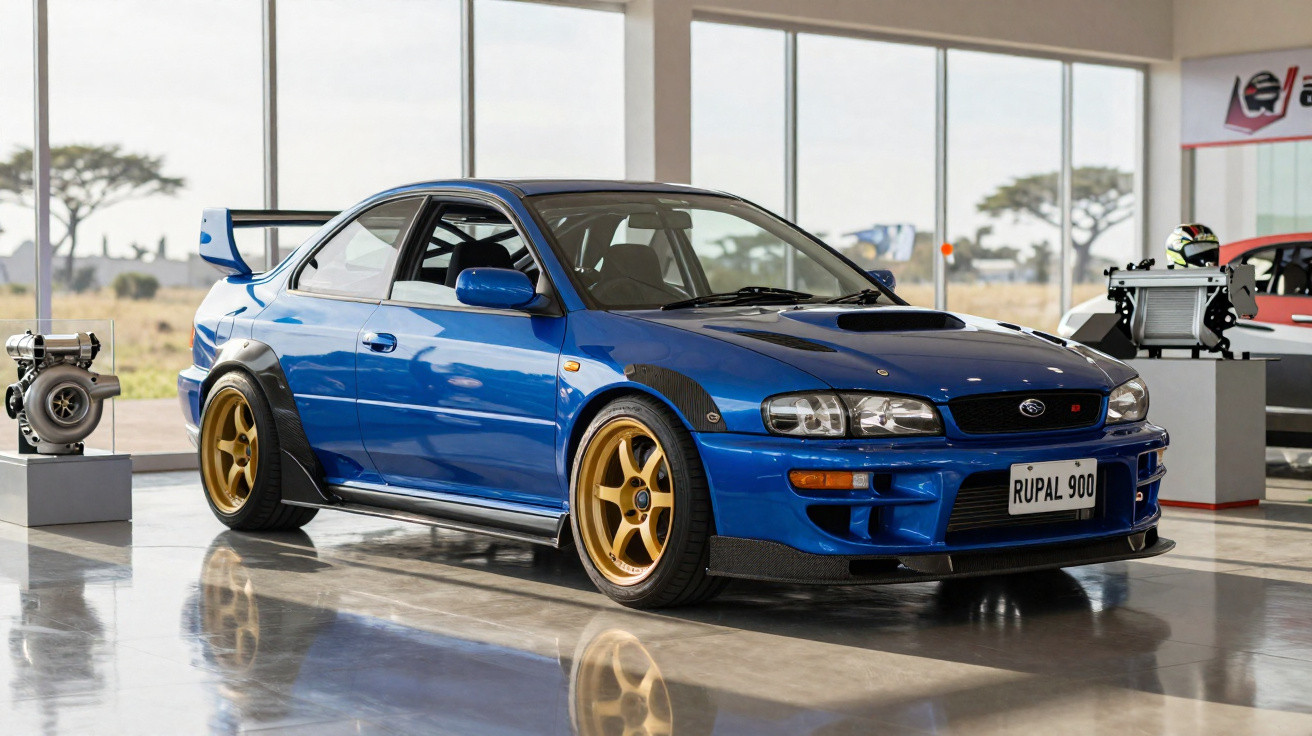 Blauer Subaru Impreza WRX STI mit goldenen Felgen und Spoiler in moderner Ausstellungshalle.
