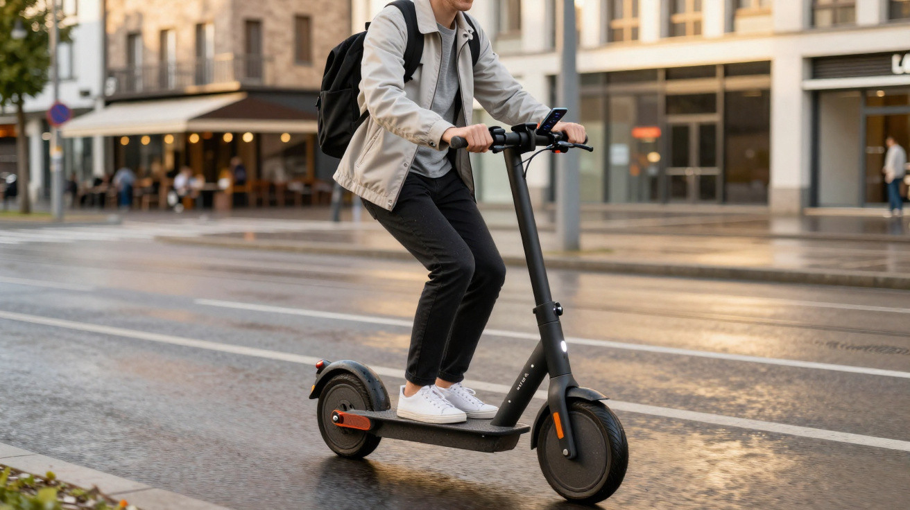 Person fährt in Stadt auf E-Scooter mit Rucksack auf belebter Straße bei Tageslicht.