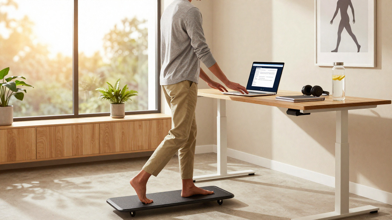 Person steht auf Balance-Board und arbeitet an Stehschreibtisch mit Laptop in hellem Homeoffice.