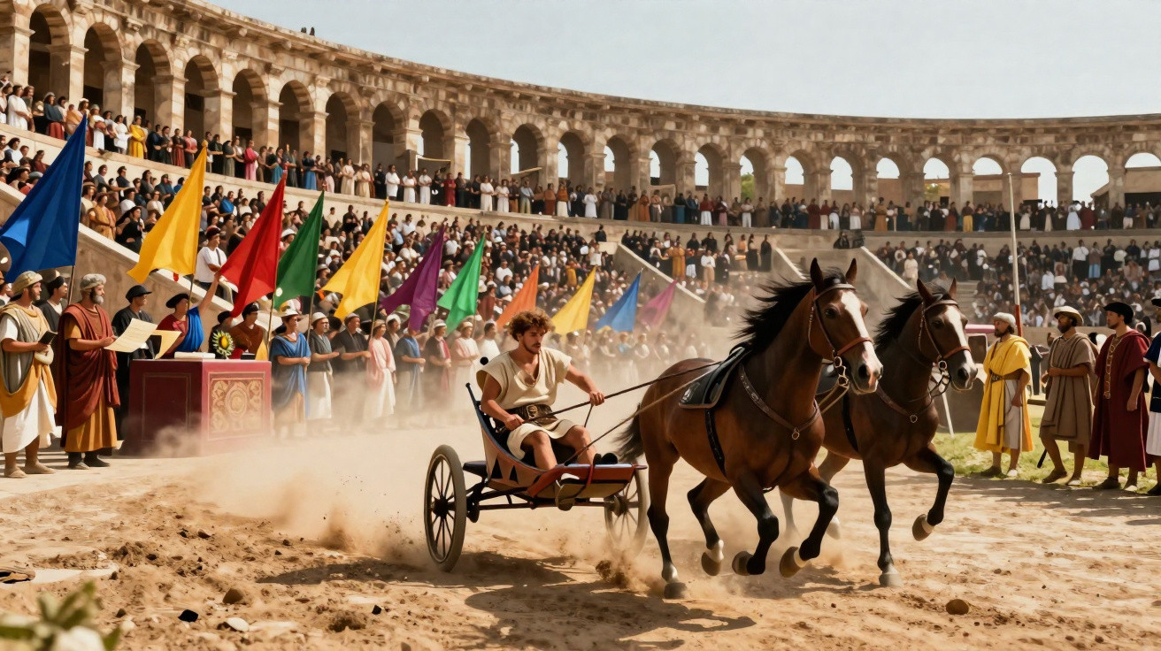 Rennwagen mit zwei Pferden und Fahrer in einem vollen römischen Amphitheater bei einem Wagenrennen.