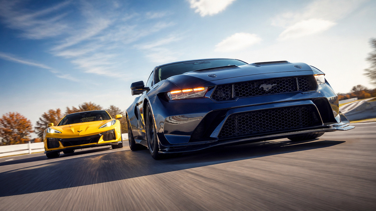 Blauer Ford Mustang und gelber Chevrolet Corvette fahren schnell auf einer Rennstrecke bei Sonnenschein.