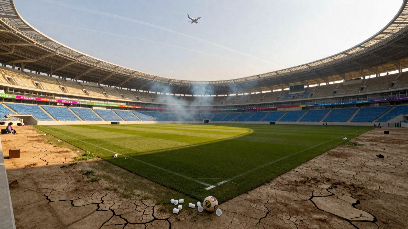 Leerer Fußballstadionrasen mit trockener, rissiger Erde und einem Ball am Spielfeldrand, Flugzeug im Himmel.