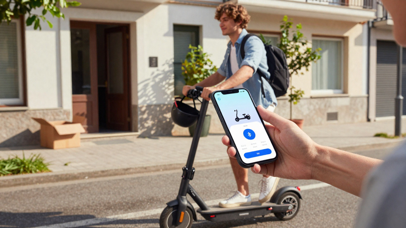 Person startet E-Scooter über Smartphone-App auf einem Gehweg vor Wohngebäuden.