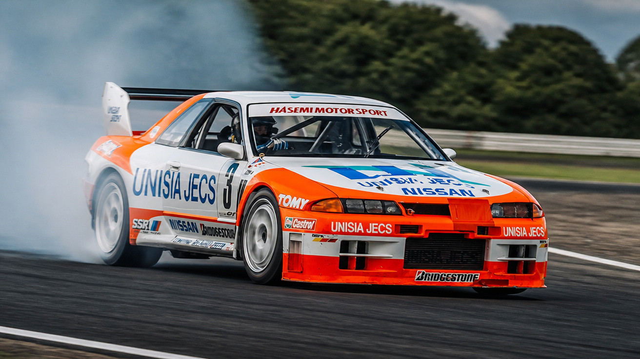 Rennwagen mit auffälligem Orange-Weiß-Lack und Sponsorenlogos driftet auf Rennstrecke, hinterlässt Rauchsäule.