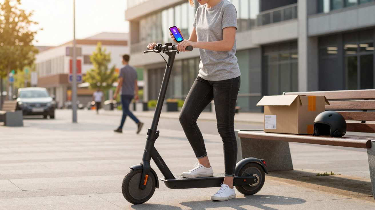 Frau steht auf einem E-Scooter und hält ein Smartphone in der Hand in einer urbanen Umgebung.