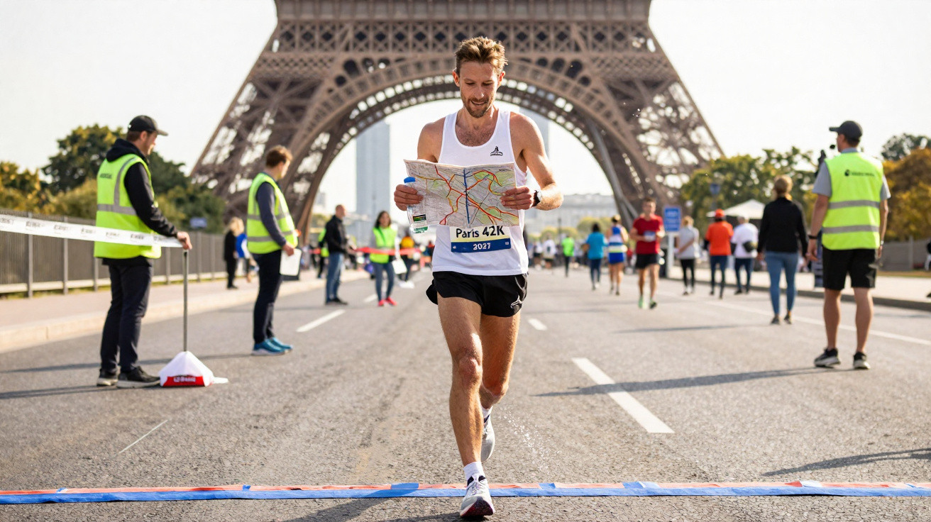 Mann in Sportkleidung hält Karte am Straßenrand vor Eiffelturm während eines Marathons in Paris.