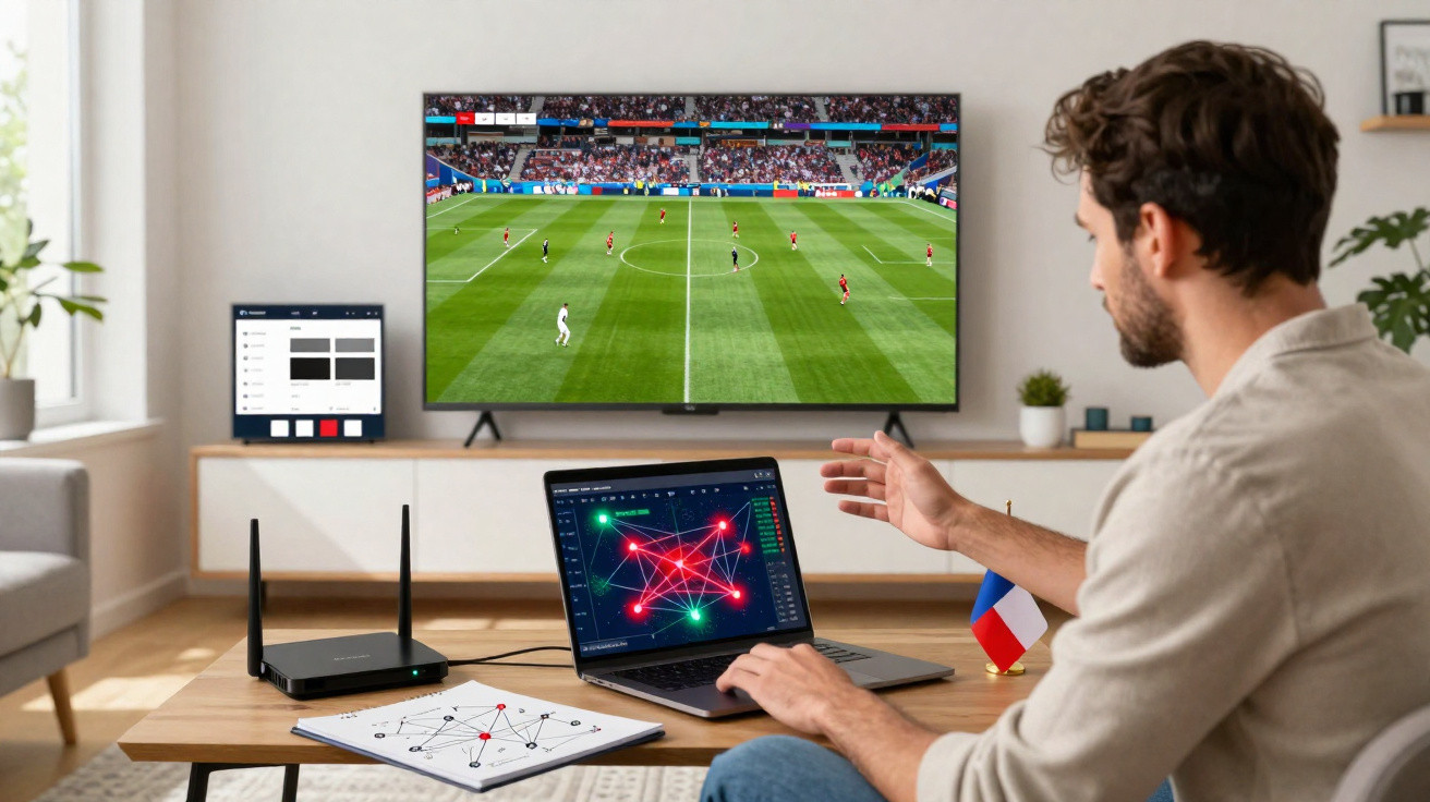 Mann analysiert mit Laptop, Router und Papier Netzwerkanalyse, während im Hintergrund Fußballspiel auf Fernseher läuft.