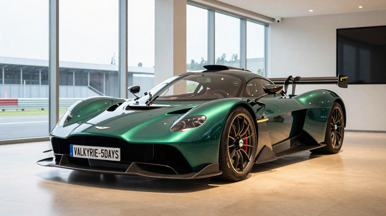 Grüner Aston Martin Valkyrie Supersportwagen mit Rennflügel in moderner Ausstellungshalle mit großen Fenstern.