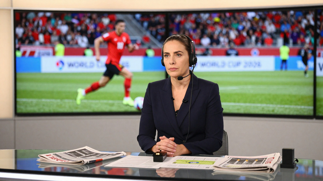 Moderatorin mit Headset sitzt im Studio vor Zeitungen, im Hintergrund Bildschirm mit Fußballspiel der WM 2022.
