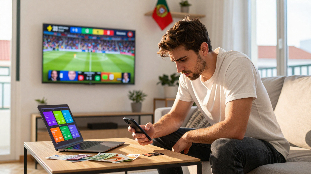 Mann sitzt auf Sofa, schaut auf Handy, Laptop und Geldscheine auf Tisch, Fußballspiel im Fernseher im Hintergrund.