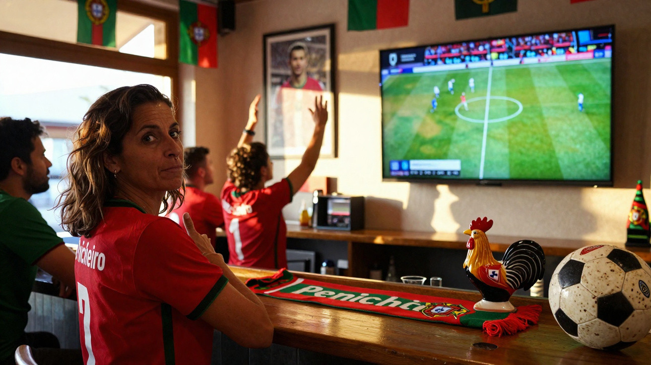 Vier Personen schauen ein Fußballspiel im Fernsehen, portugiesische Flaggen und Fanartikel sind zu sehen.