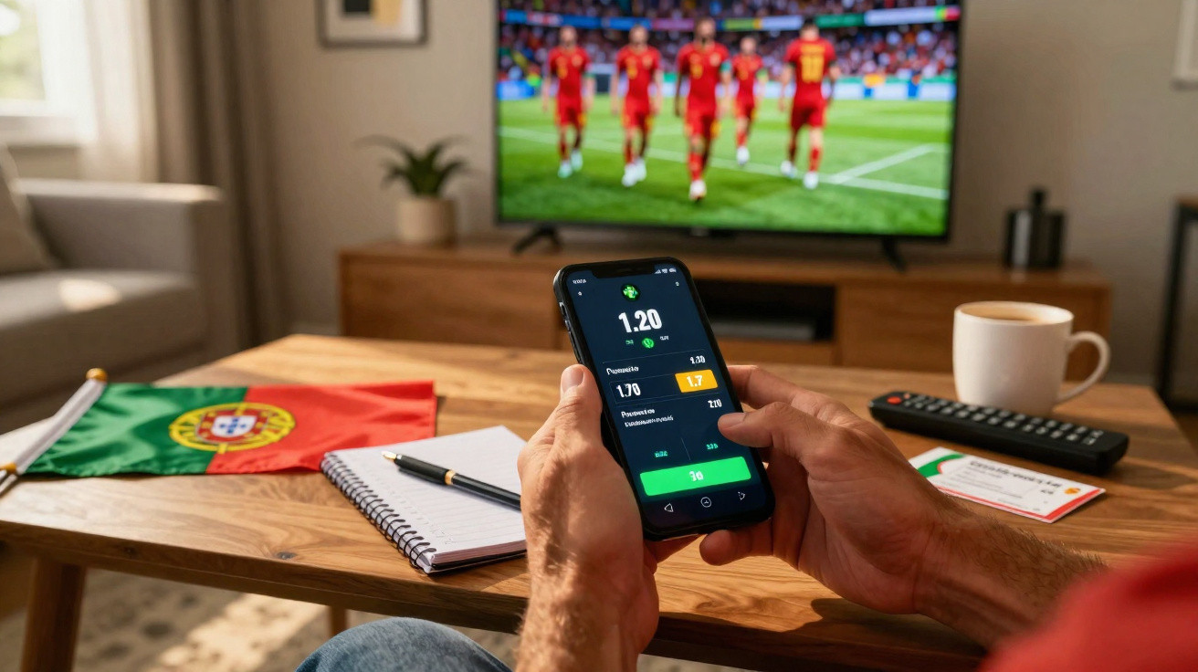 Person hält Smartphone mit Sportwetten-App, im Hintergrund Fußballspiel im Fernsehen und portugiesische Flagge auf dem Tisch.