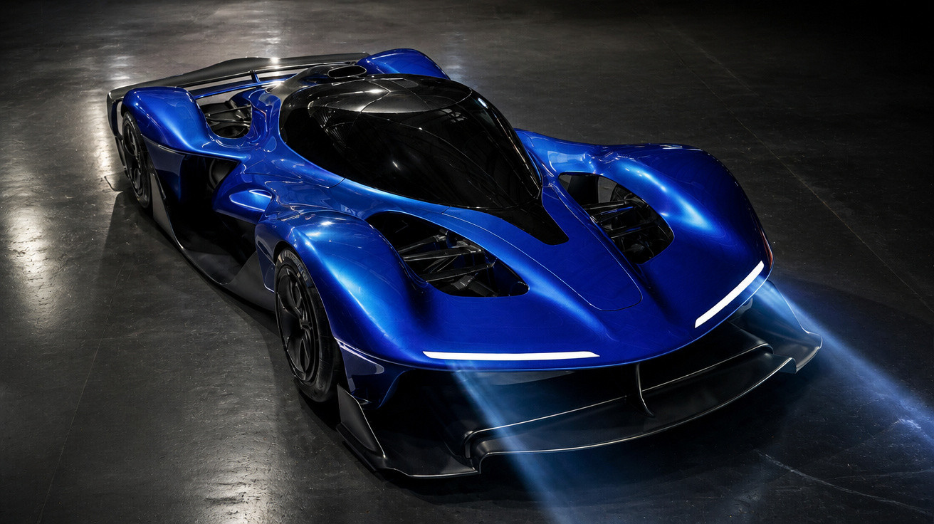 Blau-schwarzes futuristisches Rennfahrzeug mit leuchtenden Frontscheinwerfern auf dunklem Untergrund.