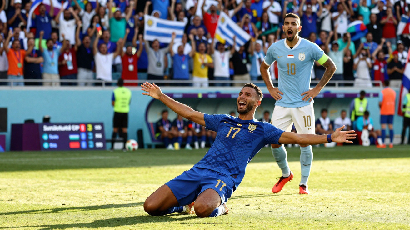 Fußballspieler jubelt auf dem Spielfeld, Fans feiern im Hintergrund mit Uruguay-Flaggen.