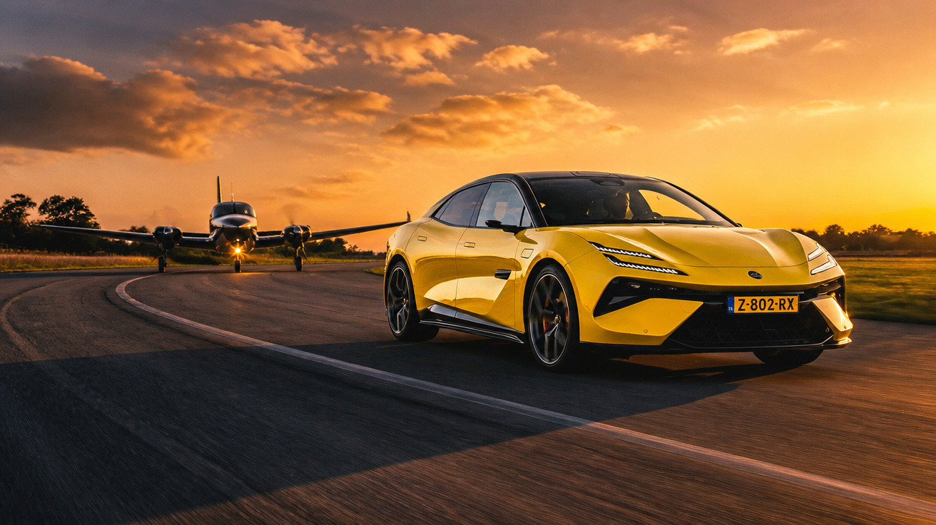 Gelbes Elektroauto fährt auf Landebahn bei Sonnenuntergang, im Hintergrund kleines Flugzeug.