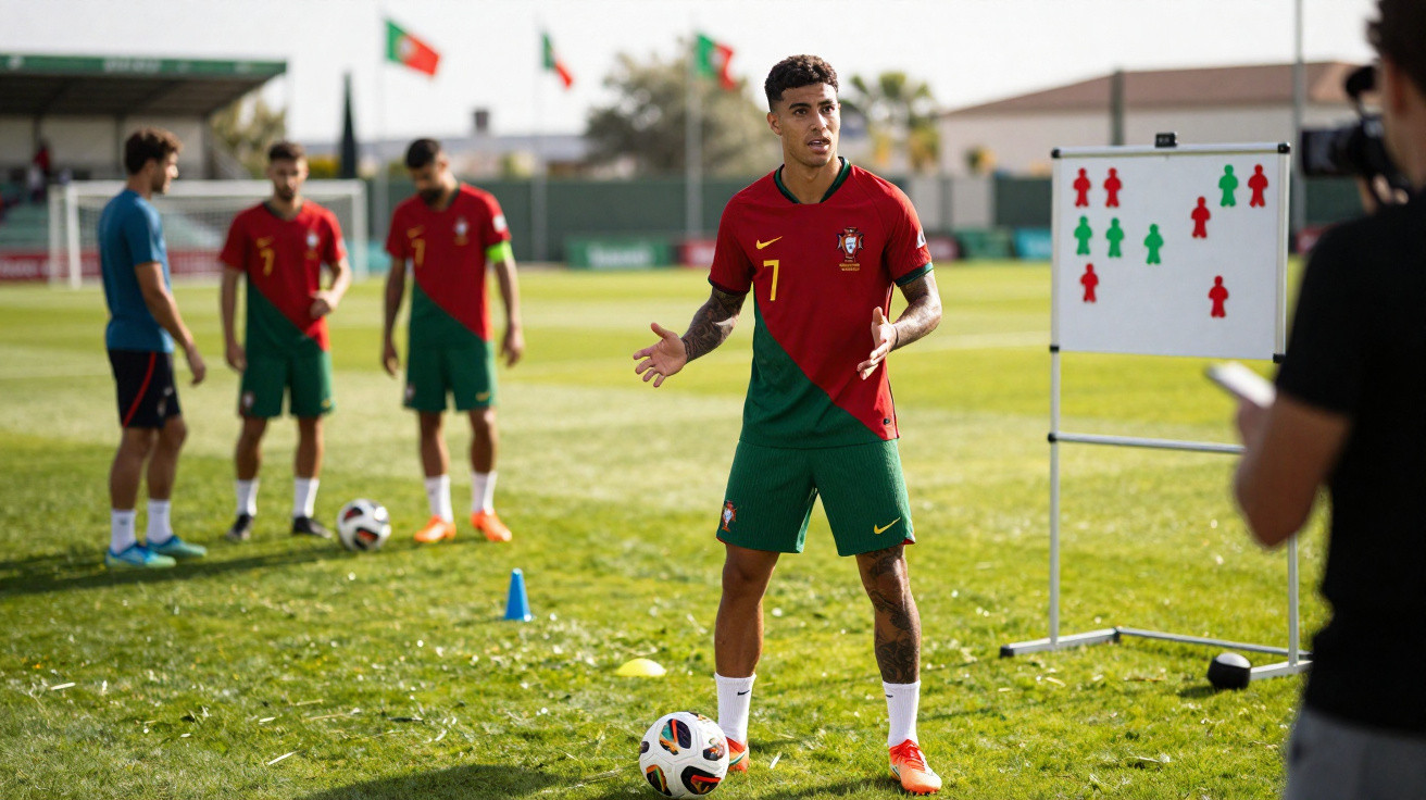 Portugiesische Fußballspieler im Training auf dem Spielfeld mit Taktiktafel im Hintergrund bei sonnigem Wetter.
