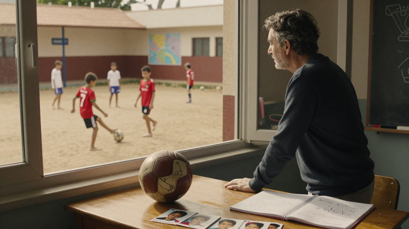 Mann schaut aus dem Fenster auf Kinder, die draußen Fußball auf einem Sandplatz spielen.