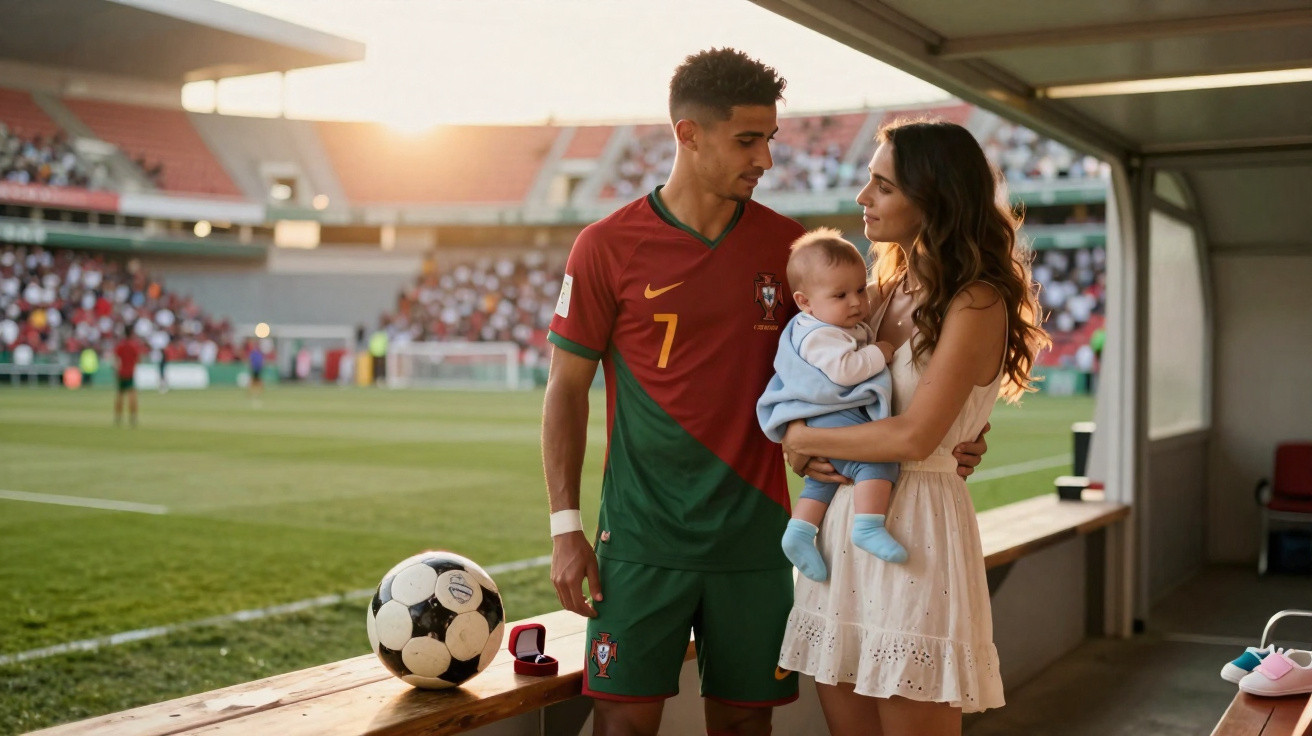 Fußballspieler in Trikot mit Frau und Baby neben Fußball im Stadion vor Spielbeginn.