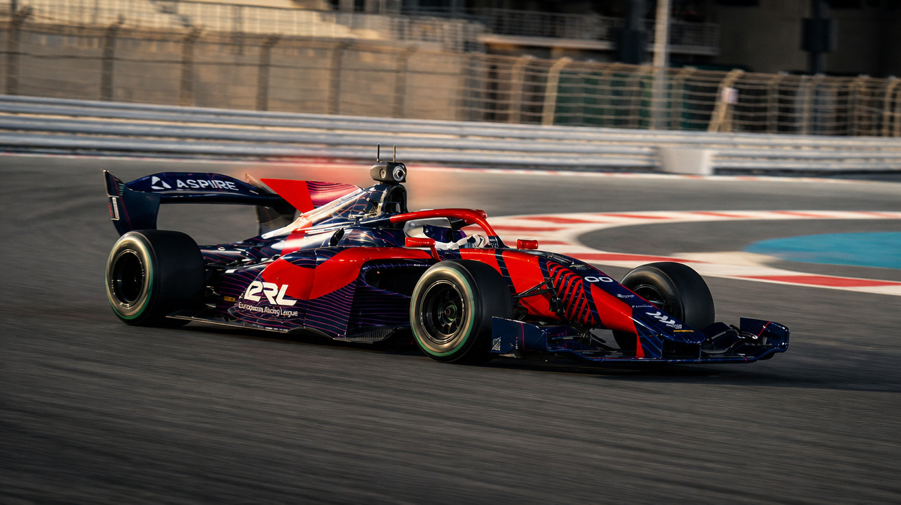 Formel-Rennwagen mit rot-blauem Design auf Rennstrecke bei Kurvenfahrt in der Sonne