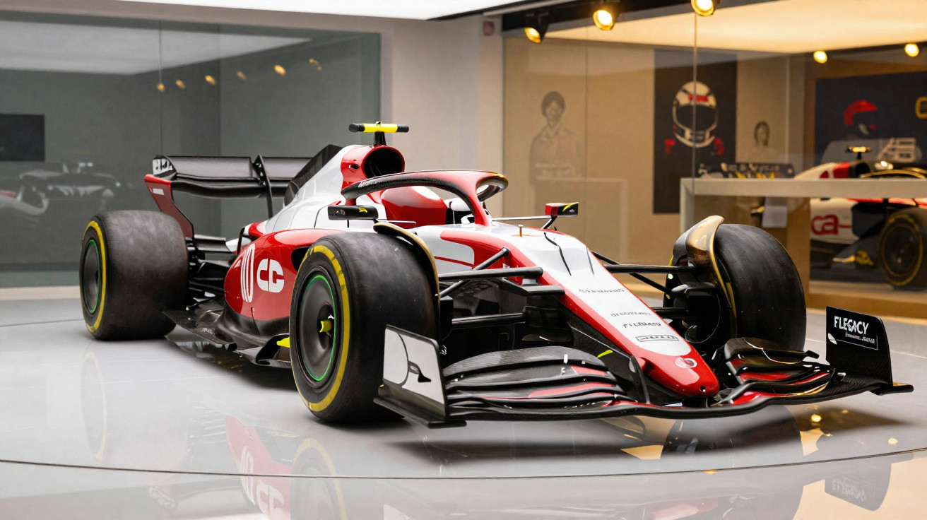 Moderner Formel-1-Rennwagen in weiß-rotem Design in einer Ausstellungshalle mit reflektierendem Boden
