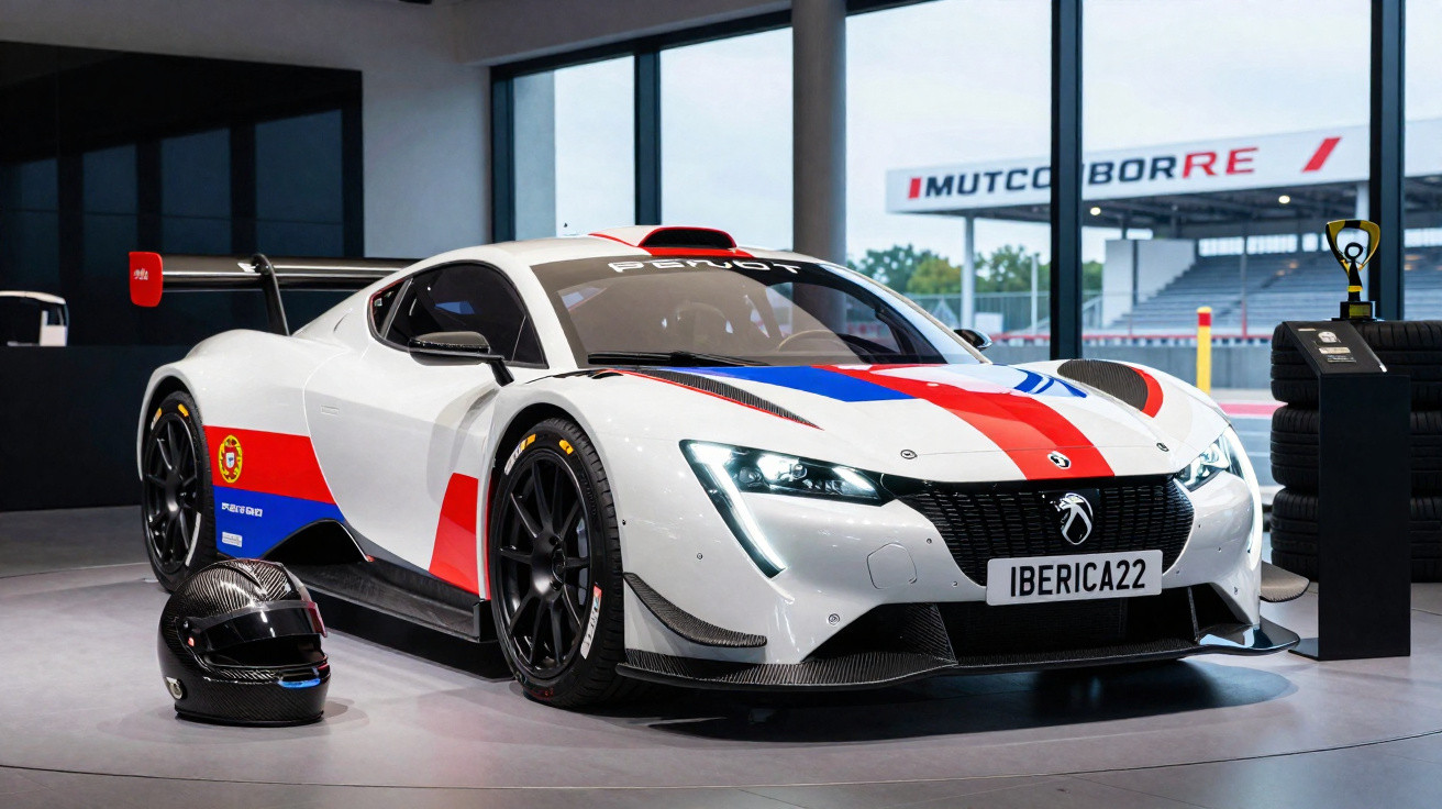Weißer Rennwagen mit Peugeot-Logo in einer Ausstellungshalle, neben einem schwarzen Rennhelm.