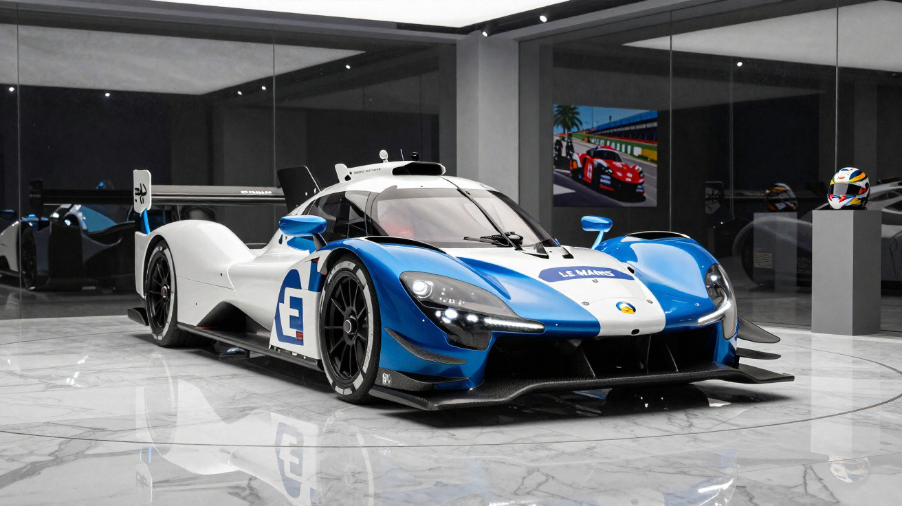 Blau-weißes Le-Mans-Rennwagenmodell in moderner Ausstellung mit glänzendem Marmorboden.