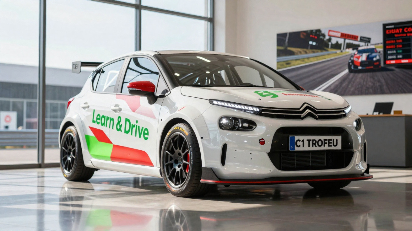 Weißer Citroën Rennwagen mit "Learn & Drive"-Beschriftung in moderner Garage mit Rennposter.