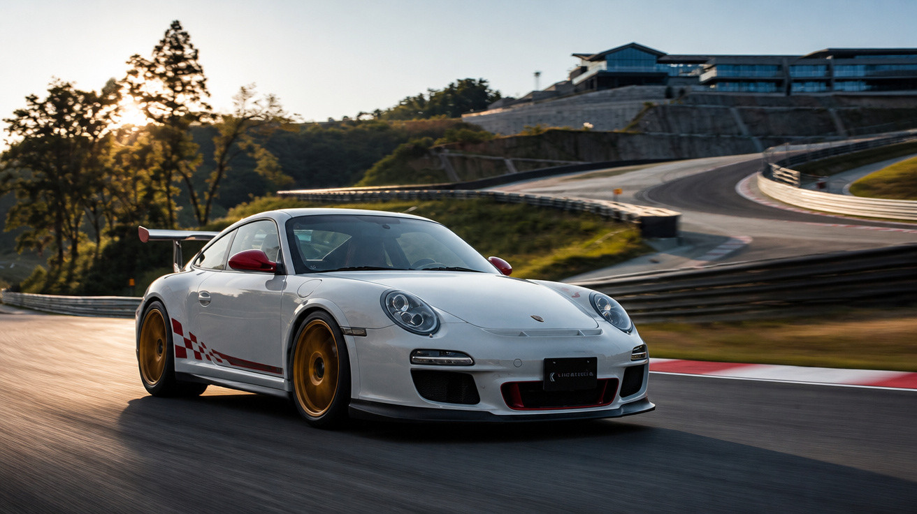 Weißer Porsche 911 mit roten Akzenten und goldenen Felgen fährt auf Rennstrecke bei Sonnenuntergang.