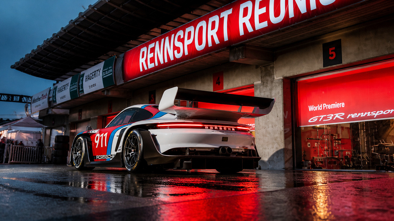 Weißer Porsche 911 GT3R Rennwagen mit Rennsport-Reunion-Banner bei Abenddämmerung auf nasser Strecke.