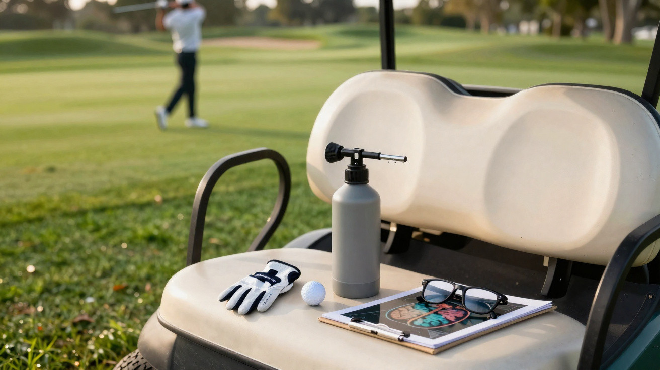 Golfwagen mit Handschuh, Golfball, Klemmbrette, Brille und Flüssigkeitsspray auf einem Golfplatz, Spieler im Hintergrund.