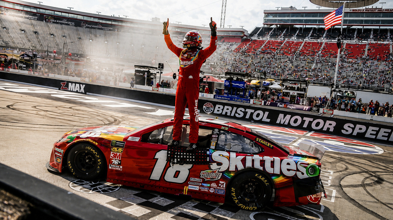 Rennfahrer im roten Overall steht jubelnd auf Skiitles-Rennwagen Nummer 18 auf der Rennstrecke Bristol Motor Speedway.