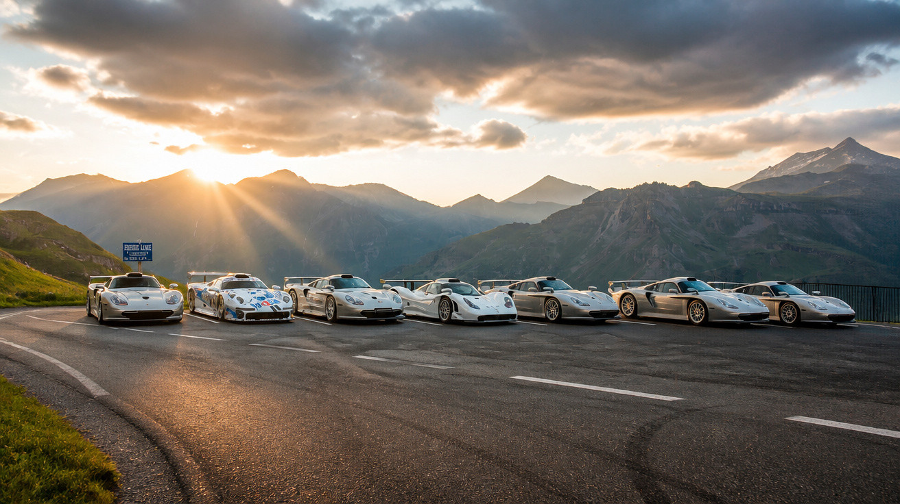 Sieben weiße Supersportwagen bei Sonnenaufgang auf einer Bergstraße vor Bergpanorama.