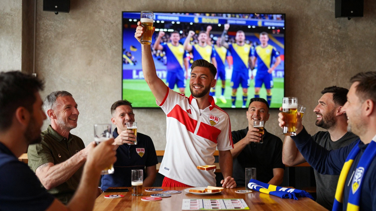 Männer in Vereinskleidung stoßen mit Biergläsern an, im Hintergrund Fußballspiel auf großem Bildschirm.