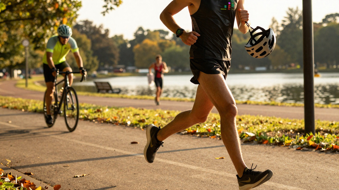 Mann joggt am Seeufer mit Fahrradfahrer und weiteren Läufern im herbstlichen Park im Hintergrund.