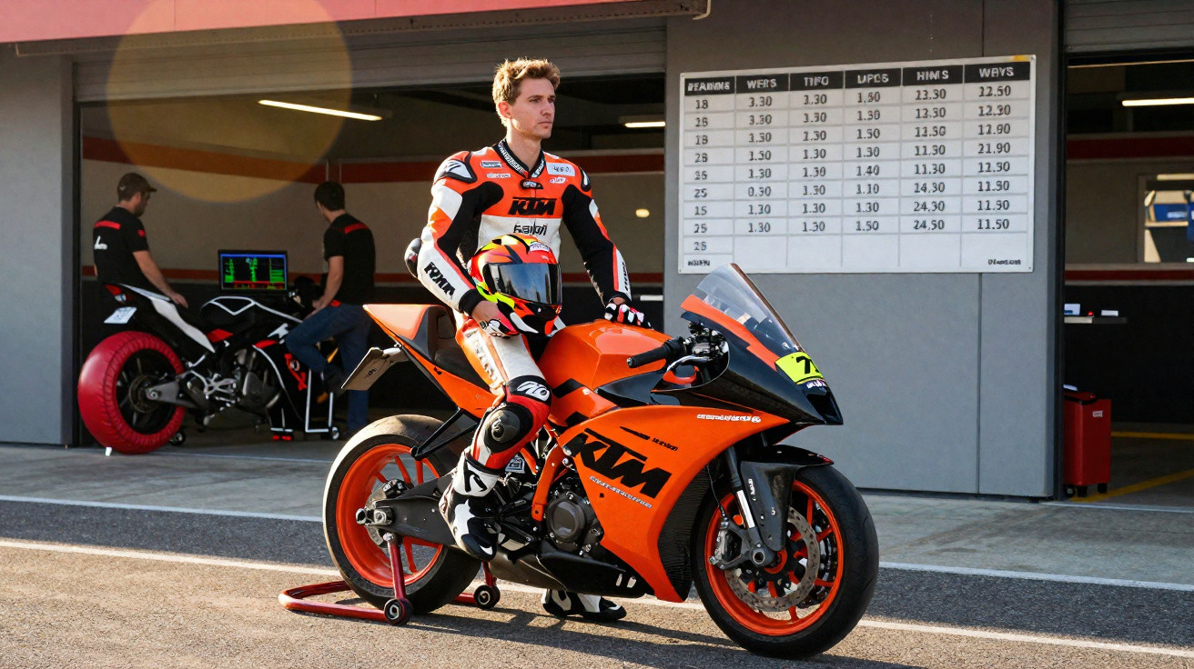 Motorradrennfahrer in orange-schwarzer KTM-Montur sitzt auf oranger KTM-Rennmaschine vor Boxengasse.