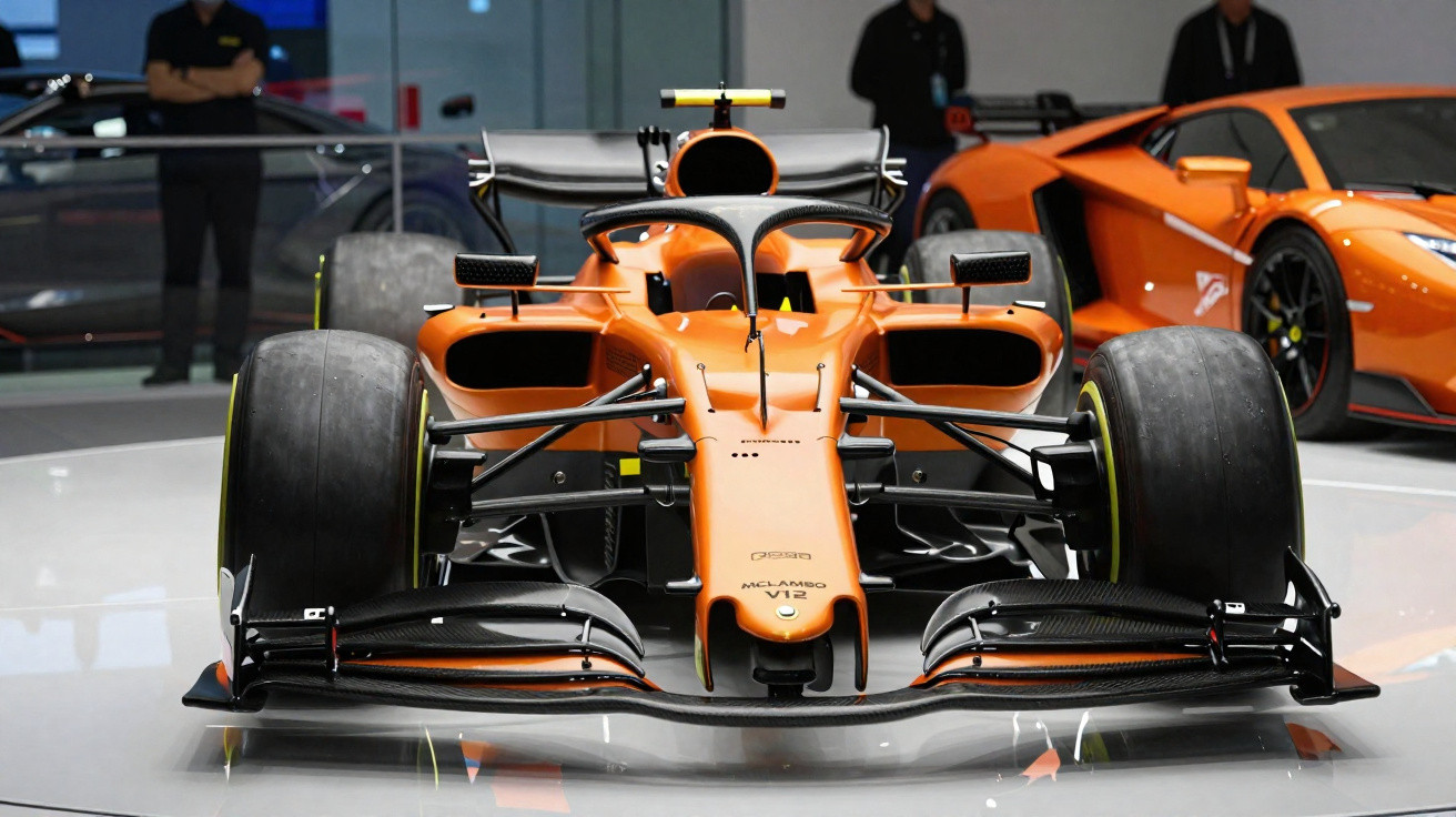 Oranger Formel-1-Rennwagen von McLaren mit breiten Reifen auf einer Ausstellung, umgeben von anderen Fahrzeugen.